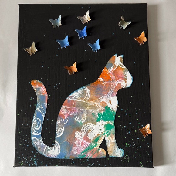 Hand Crafted Other - Cat & Butterfly Art on canvas